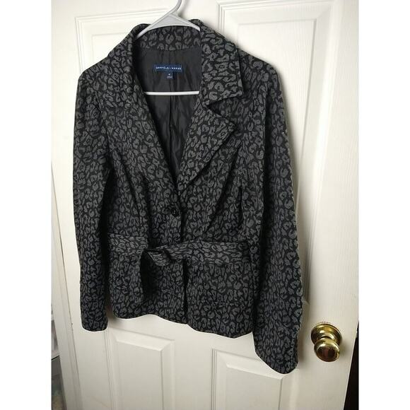Garfield & Marks Woman M Blazer Black Grey Animal Print Two Button Belt... - Picture 2 of 11